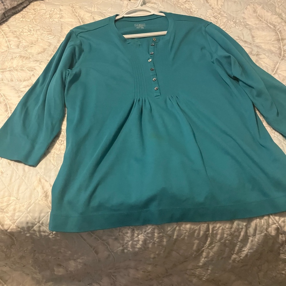 L.L. Bean Teal Button-Front 3/4 Sleeve Blouse